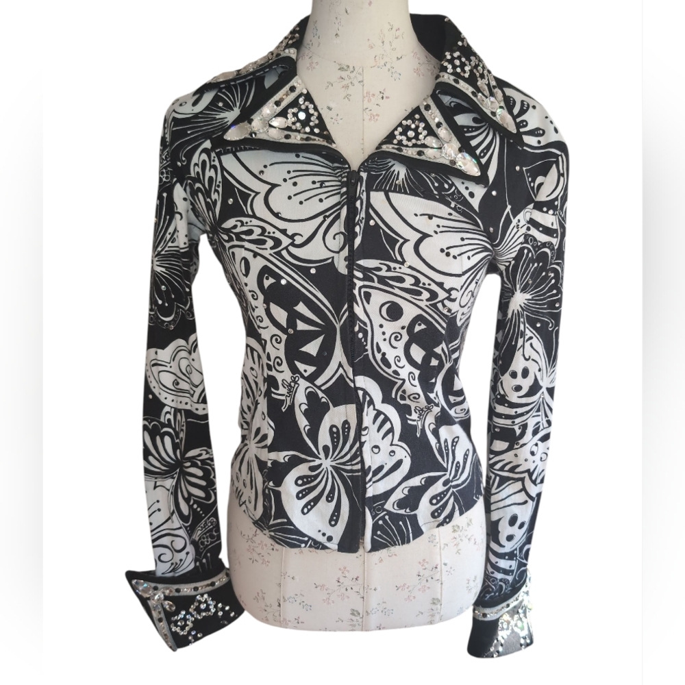Ritzee designs Black & White Show Shirt Rhinestones collar And Cuffs Full Zip L